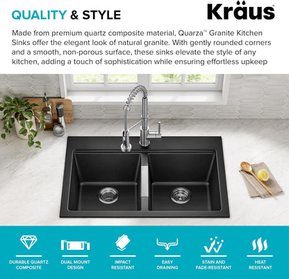KRAUS Black Onyx 33 in Double Bowl Granite Kitchen Sink KGD-433B | Quartz Composite with Metallic Particles, Heat-Safe, Non-Porous Surface Resists Stains, 50/50 Double Bowl Split