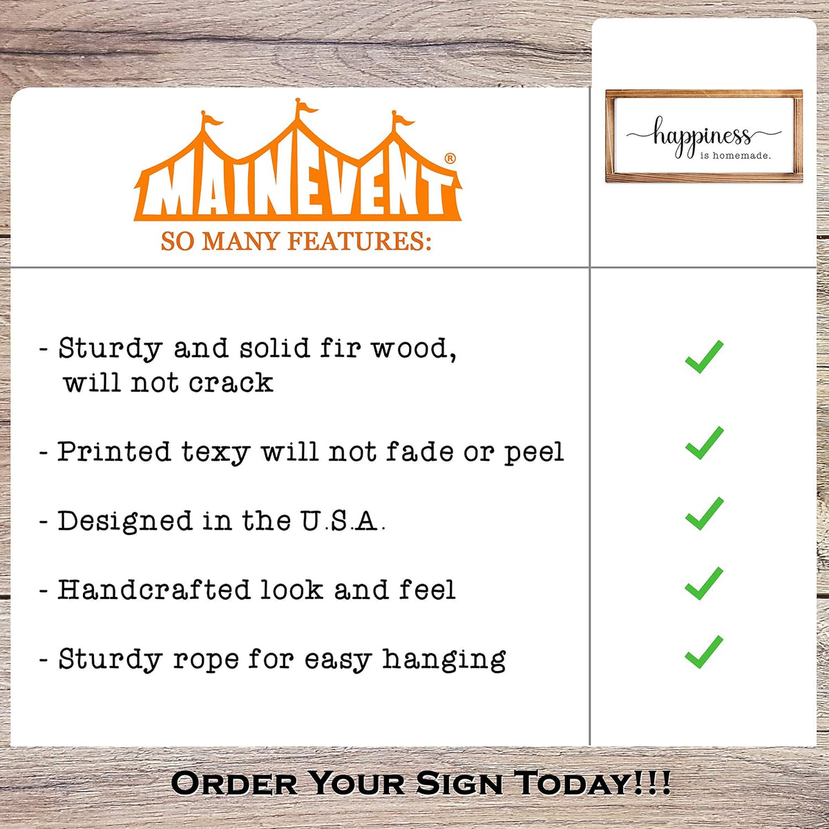 Happiness Is Homemade Kitchen Sign 8X17 Inch, Inspirational Farmhouse Decor | Easy Wall Mount Farmhouse Kitchen Decor, Solid Fir Wood, Housewarming Gift, Dining Space Wall Accent, Cozy Kitchen Decor