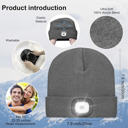 LED Lighted Beanie, Unisex Warm Knitted Hat, Rechargeable Headlamp Cap for Outdoors, Tech Gift for Men Dad Father Him Deep Teal