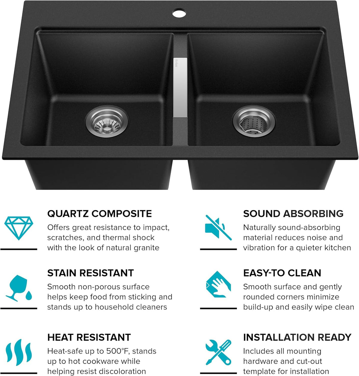 KRAUS Black Onyx 33 in Double Bowl Granite Kitchen Sink KGD-433B | Quartz Composite with Metallic Particles, Heat-Safe, Non-Porous Surface Resists Stains, 50/50 Double Bowl Split