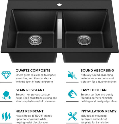 KRAUS Black Onyx 33 in Double Bowl Granite Kitchen Sink KGD-433B | Quartz Composite with Metallic Particles, Heat-Safe, Non-Porous Surface Resists Stains, 50/50 Double Bowl Split