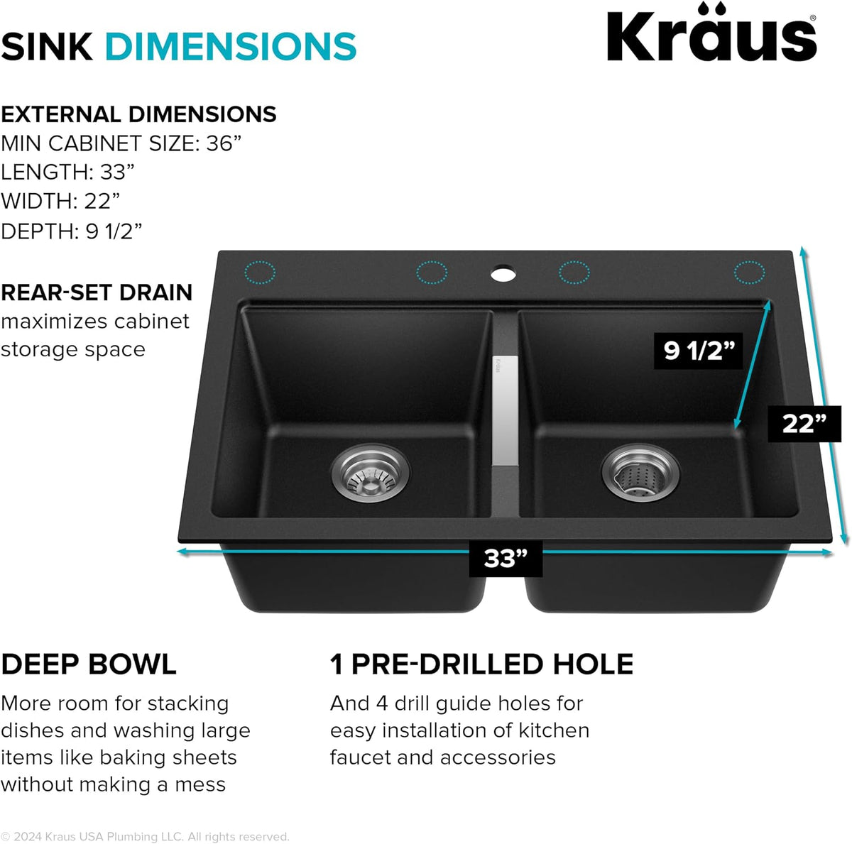 KRAUS Black Onyx 33 in Double Bowl Granite Kitchen Sink KGD-433B | Quartz Composite with Metallic Particles, Heat-Safe, Non-Porous Surface Resists Stains, 50/50 Double Bowl Split