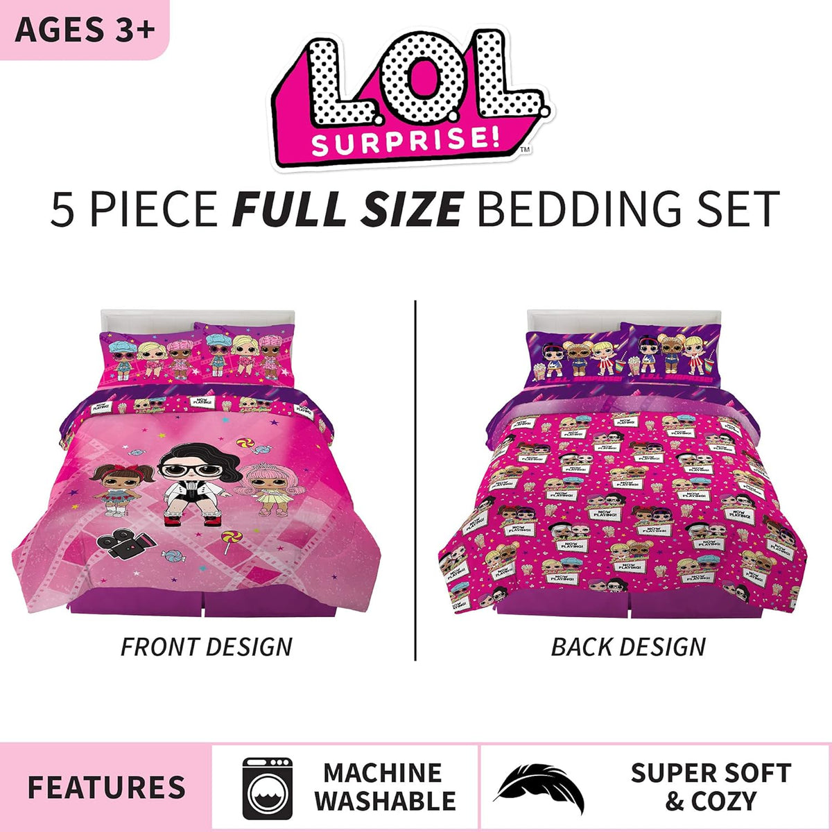 Kids Bedding Super Soft Comforter and Sheet Set, 5 Piece Full Size, LOL Surprise
