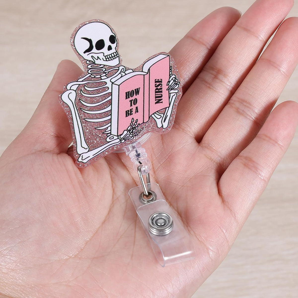 How to Be a Nurse Pink Skeleton Funny Retractable Badge Reel ID Holder | Acrylic Name Badge Clip for RN, LPN, CNA, MA, ER, ICU Staff, OB/GYN, Lab Tech, Pharmacy Tech, Nursing Student, Nurse Gifts